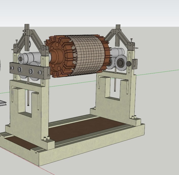 Electric motor rotor on a dynamic balancing machine with support bearings and sensors for vibration analysis